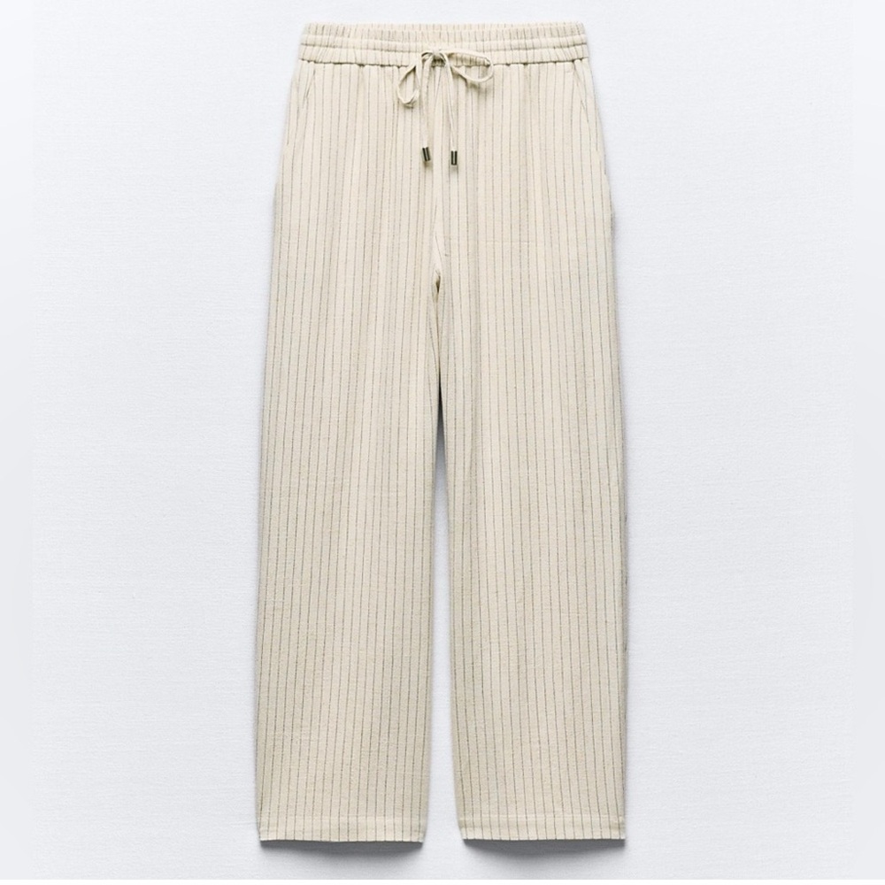 ZARA Women's Striped Straight Leg Trousers Pants Elastic Waist White Size Small